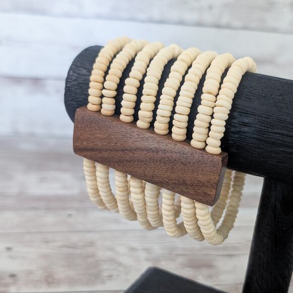 Vintage Stretch Bracelet Wide Cream and Brown Statement - Picture 9 of 9